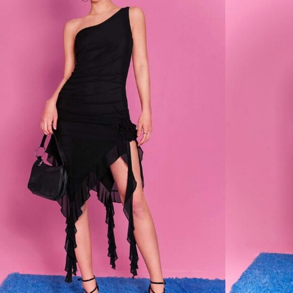 SHEIN Size S (4) Black Asymmetrical Hem Ruched Bodycon Rosette Embellished Dress - Picture 1 of 15
